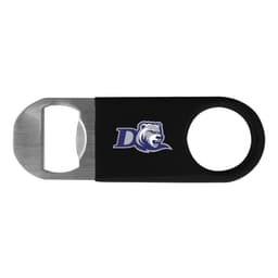A drink bottle opener featuring a stainless steel end and a black vinyl body with a logo printed on it.