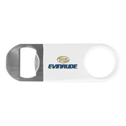 A drink bottle opener featuring a stainless steel end and a white vinyl body, with a logo on one side.