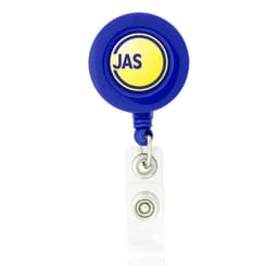 A round badge holder in blue with a white clip attachment, featuring a circular logo.