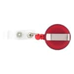 A round red badge holder with a silver clip and a retractable cord attached to a white strap.