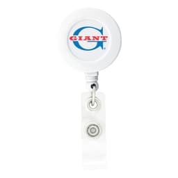 A round white badge holder with a retractable mechanism and a logo on the front.