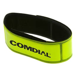 A reflective wristband in vibrant yellow with a branded logo, featuring a comfortable adjustable strap.