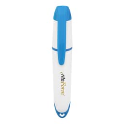 A highlighter with a white body and blue accents, featuring a logo on one side.