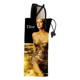 A gold sunglass pouch with a cloth attached, featuring a model and brand logo.