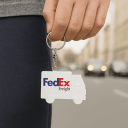 A keychain shaped like a truck in white, held by a person against an urban backdrop, featuring a logo.