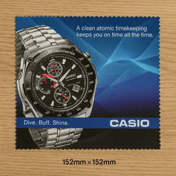 A square cleaning cloth featuring a silver watch with a black face and a logo, set against a blue background.