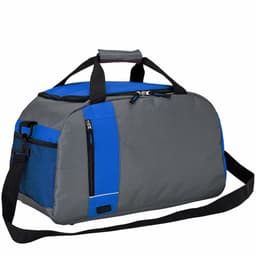 A grey and blue duffel bag with a shoulder strap and multiple compartments, featuring a mesh pocket.
