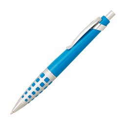 A blue metal pen with a textured silver grip and a clip, featuring a logo on the barrel.