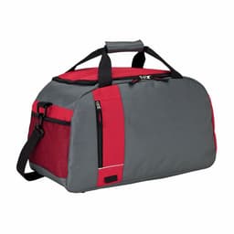 A grey and red duffel bag featuring a mesh side pocket and adjustable shoulder strap. It has a branding logo.