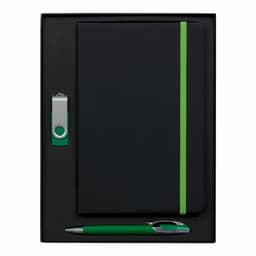 A black notebook with a green elastic band, a green metal pen, and a green USB drive, all in a black box.