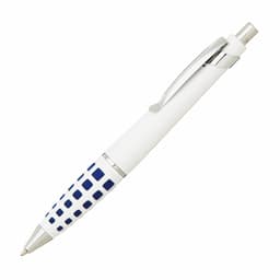 A metal pen featuring a white barrel with navy blue square patterns and a chrome clip.