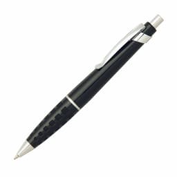 A black metal pen with a textured grip and silver accents, featuring a clip and a logo.