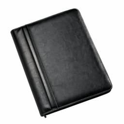 A black leather folder with a smooth finish, featuring a side pocket and a zip closure. It has a logo on the front.