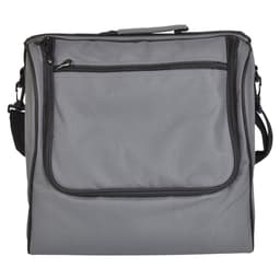 A grey picnic basket with a front zip pocket and an adjustable shoulder strap. It has a logo on the side.
