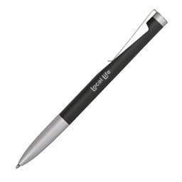 A metal pen with a black grip and silver clip, featuring a logo.