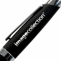 A black metal pen with a shiny clip and branding. The pen features a sleek, modern design.