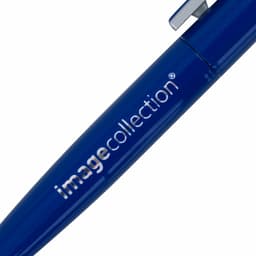 A blue metal pen with a silver clip and branding along the barrel.