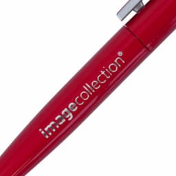 A red metal pen with a silver clip and a logo on the side.