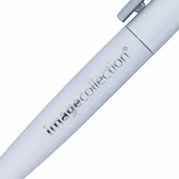 A white metal pen featuring a shiny finish and a logo on the side.