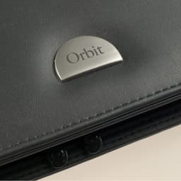A dark grey portfolio with a curved silver logo attached, featuring the word "Orbit."
