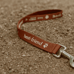 A brown dog leash with a metal clasp and a logo, featuring the text "best friend".