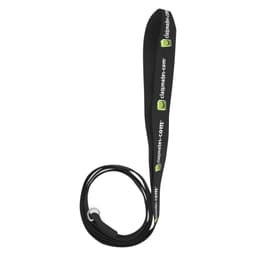 A black dog leash measuring 1.1 metres and 19mm wide, featuring a logo on its surface.