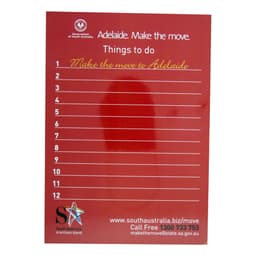 A red magnetic whiteboard featuring a list format with ten lines for notes and a logo at the bottom.