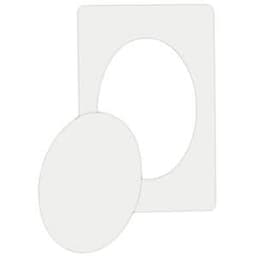 A budget magnetic photo frame in white, featuring an oval cutout and a rectangular shape. It includes a logo.