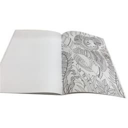 A colouring book featuring intricate black and white line art of nature and animals on white pages.