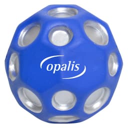 A blue high bounce ball featuring silver hole accents and a branded logo.