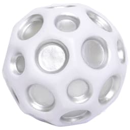 A high bounce ball in white with silver accents featuring various circular cut-outs. It has a simple, playful design.