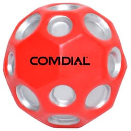 A red high bounce ball with silver accents, featuring a logo on its surface, designed for fun and stress relief.