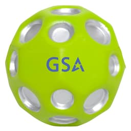 A vibrant green high bounce ball with silver holes and a logo. Ideal for fun and games.