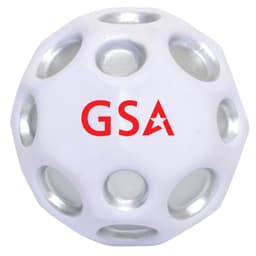 A high bounce ball in white with silver accents and a logo. Designed with multiple holes for a unique texture.