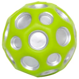 A high bounce ball featuring a bright green and silver design with multiple holes for a unique textured look.