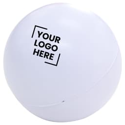 A white massage ball featuring a logo, designed for stress relief and promotional use.