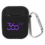 A black earbuds case with a carabiner, featuring a purple logo.