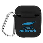 A black earbuds case with a carabiner and a logo in blue.