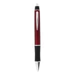 A plastic pen in red with a black grip and a silver clip, featuring a logo on its barrel.