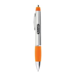 A silver and orange metal pen with a clip and branding on the barrel.