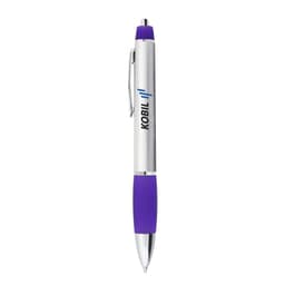 A metal pen with a silver body, purple grip, and a branding logo along the side.