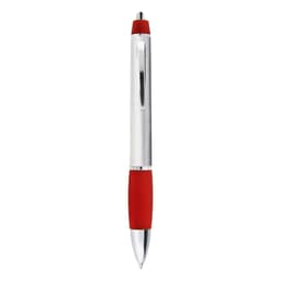 A metal pen with a chrome body and a red rubber grip, featuring a clip and a logo.