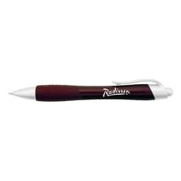 A metallic pen in dark maroon with silver accents and a logo on the barrel. Ideal for writing.