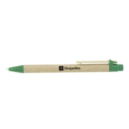 A green and natural-coloured pen featuring a clip and a branding logo.