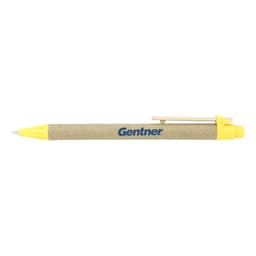 A yellow pen with a natural textured barrel and a brand logo, featuring a clip and a retractable tip.