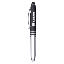 A stylus pen featuring a black barrel and chrome accents, with a logo on the side.