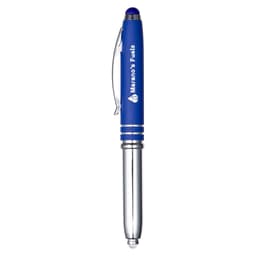 A blue stylus pen with a silver tip and clip, featuring a logo on the barrel.