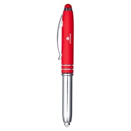 A red stylus pen with a chrome tip and clip, featuring a brand logo.