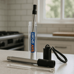 A telescopic stainless steel straw in a clear case, featuring a black cap and cleaning brush, with a branding logo.