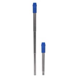 A stainless steel telescopic straw with a blue silicone tip, displayed in extended and collapsed positions.